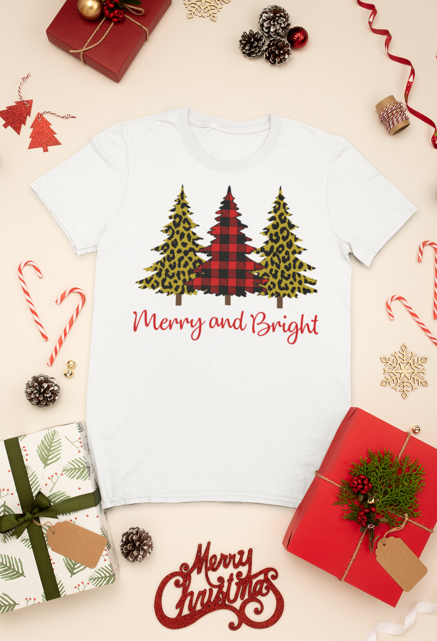Merry and Bright Leopard and Plaid Christmas Tree Shirt