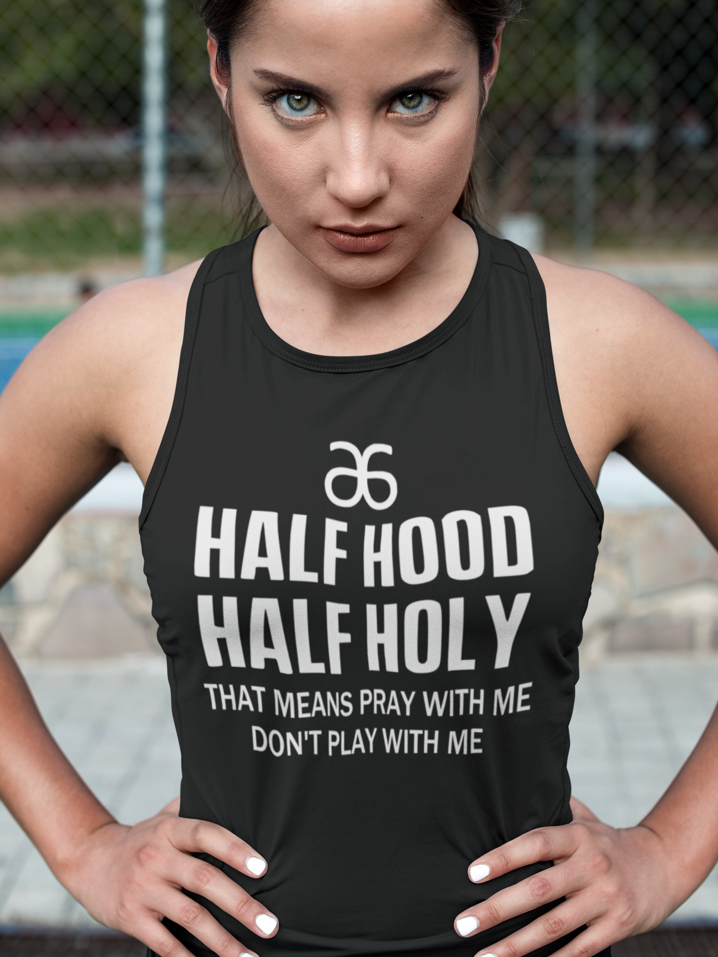 Half Hood Half Holy Tank/Razor Back with Arbonne Logo