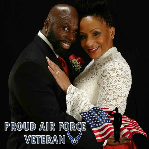 Dee, founder of Got It Good Designs, pictured with her husband in her original Air Force veteran portrait