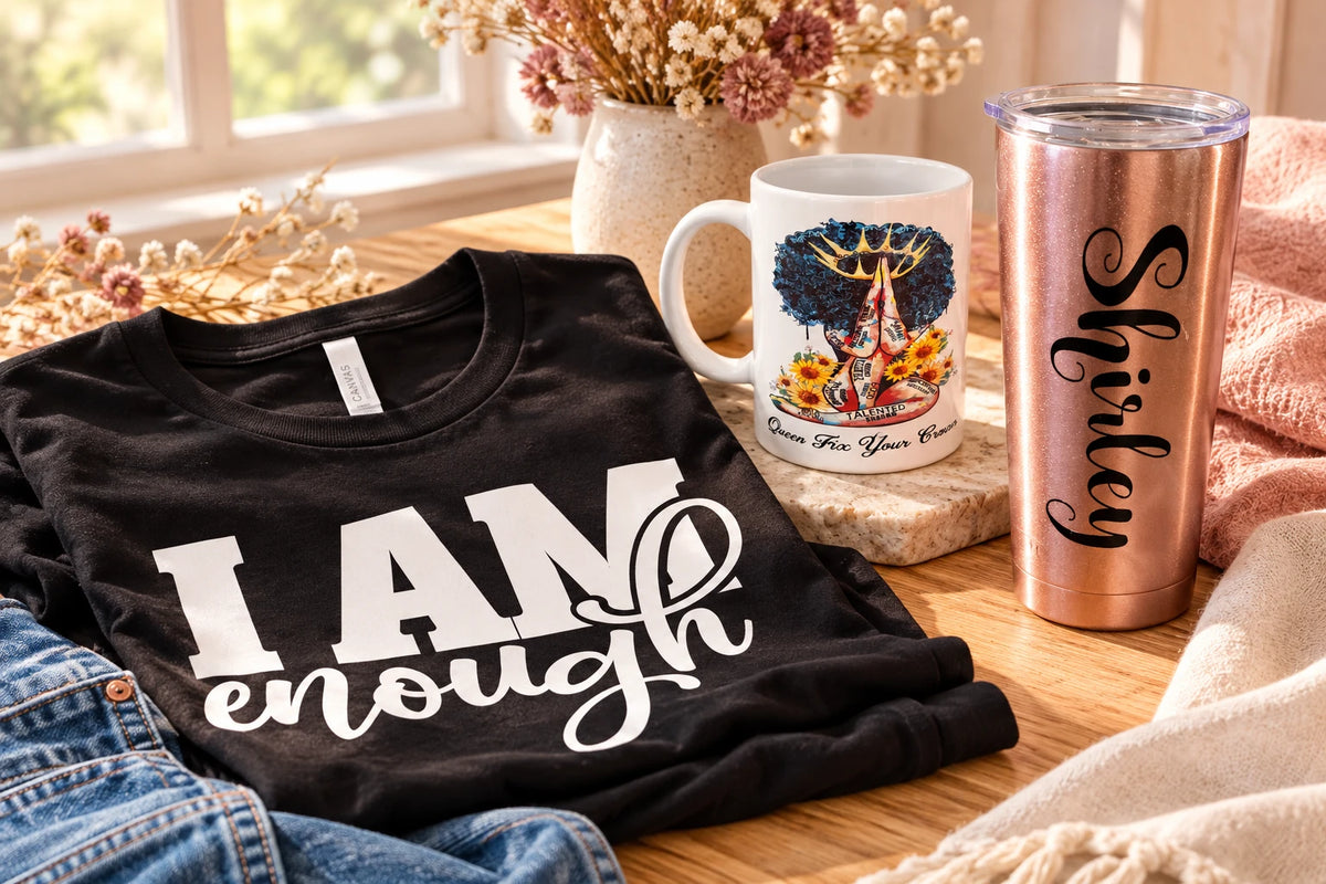 Lifestyle mockup of the I Am Enough shirt, Queen Fix Your Crown mug, and personalized rose tumbler on a sunlit table